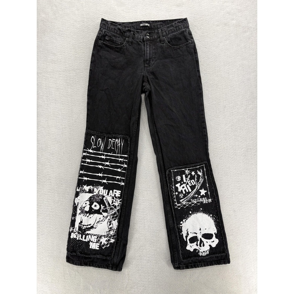 Hot Topic Jeans Mens 28x32 Black Dark Wash Relaxed Skull Patch Denim Gothic Punk